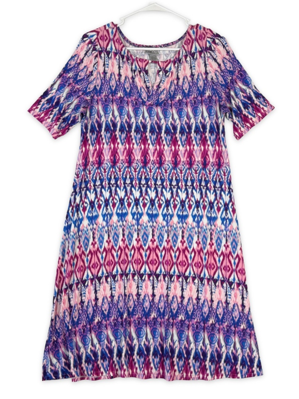 Chicos Size 2 Dress Womens L Large Pink Purple Ikat Jersey Knit Half Sleeve